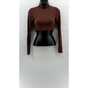 KLASSY NETWORK Women's Brown Seamless Long Sleeve Turtleneck Cropped Top SZ XS